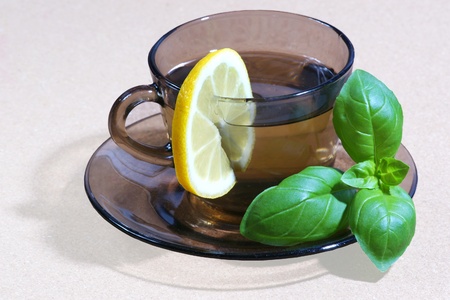 Mint tea with slice of lemon close upの写真素材