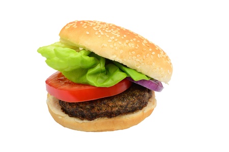 beef burger with tomato, lettuce and onions isolaged on whiteの写真素材