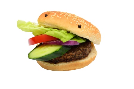 beef burger face isolated on white backgroundの写真素材