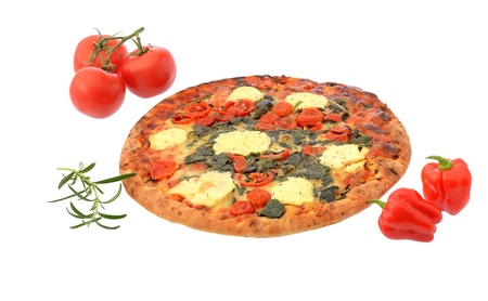 Stonebaked spinach and ricotta pizza, tomatoes and peppers isolated on white backgroundの写真素材