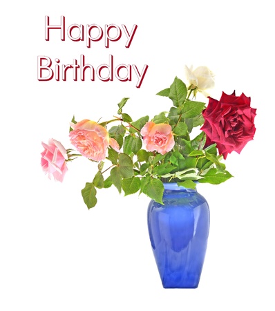 Bouquet of red, pink and white roses in vase isolated on white background with textの写真素材