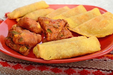mexican snacks on red plateの写真素材