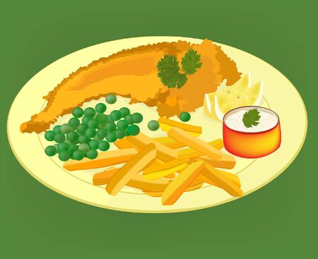 Fish, chips and peas on a yellow plate, vectorのイラスト素材