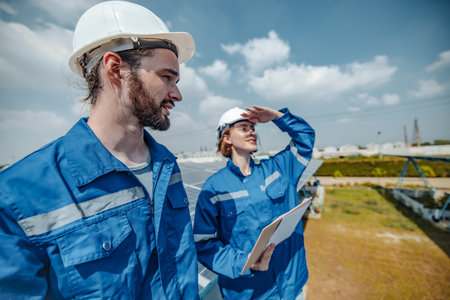 Solar engineers visually examine panel arrays on farm sites using blueprints and drawings to ensure that the alignment, surface, sunlight access, and structural stability meet standard requirements.の写真素材