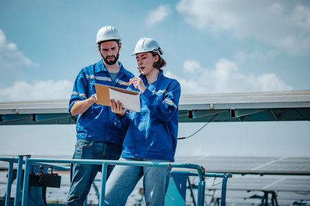 Solar engineers visually examine panel arrays on farm sites using blueprints and drawings to ensure that the alignment, surface, sunlight access, and structural stability meet standard requirements.の写真素材