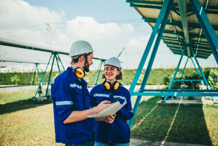 Solar engineers visually examine panel arrays on farm sites using blueprints and drawings to ensure...