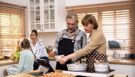 Multi-generational family members explore new and tasteful recipes on a tablet, make healthy food choices, cook, and enjoy meals together. Family gatherings help renew and strengthen relationships.の写真素材