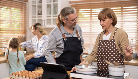 Multi-generational family members explore new and tasteful recipes on a tablet, make healthy food choices, cook, and enjoy meals together. Family gatherings help renew and strengthen relationships.の写真素材