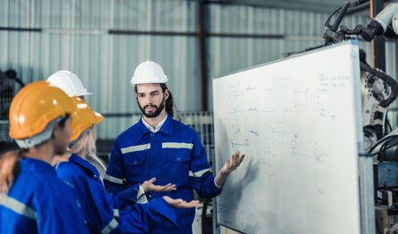 A group of robotic engineers collaboratively brainstorms and discusses ideas with cross-functional teams on a whiteboard to create strategies and solutions to make the working process more efficient.の写真素材