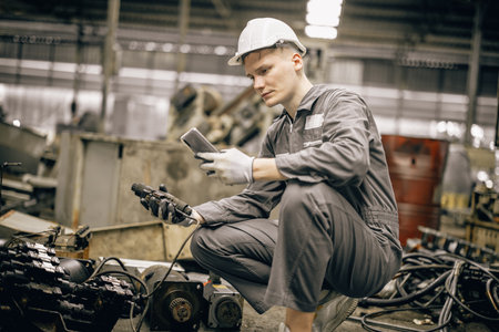 Engineering technicians use hand tools to perform regular maintenance by inspecting, testing, repairing machinery and engines to ensure they stay in standard condition. Identifying any malfunctions.の写真素材