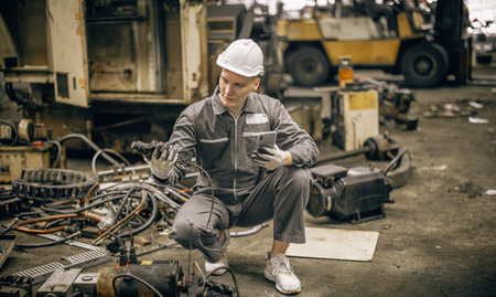 Engineering technicians use hand tools to perform regular maintenance by inspecting, testing, repairing machinery and engines to ensure they stay in standard condition. Identifying any malfunctions.の写真素材