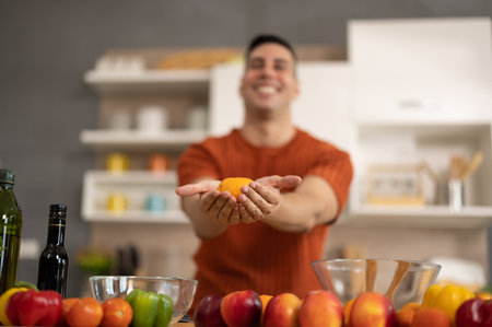 A homely and healthy male prepares nutritious diet, including variety of fruits. Following cooking show on laptop Mastery of peeling, chopping, and slicing fruits to prepare them in artistic style.の写真素材
