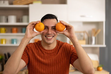 A homely and healthy male prepares nutritious diet, including variety of fruits. Following cooking show on laptop Mastery of peeling, chopping, and slicing fruits to prepare them in artistic style.の写真素材