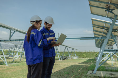 Renewable energy analyst conduct filed observations on solar farming to monitor and assess efficiency. Presenting findings and recommendations to supervisors, clients, investors for project approvalの写真素材