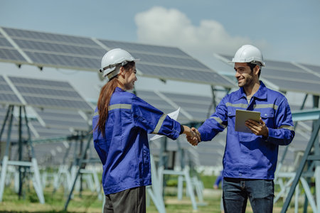 Renewable energy analyst conduct filed observations on solar farming to monitor and assess efficiency. Presenting findings and recommendations to supervisors, clients, investors for project approvalの素材 [FY310205939331]