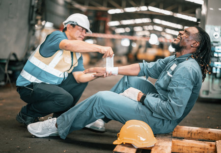 Industrial technician had his hand caught by a piece of machinery. Accidental machine crushing occurred during routinely scheduled maintenance. Bandages as starting treatment before hospitalization.の写真素材