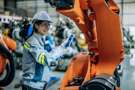 Robotic technician uses control panel to operate, maintain robotic arm in factory. Ensuring productivity, efficiency, and safety through monitoring, analyzing database, and integrating processes.の写真素材