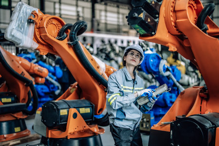 Robotic technician uses control panel to operate, maintain robotic arm in factory. Ensuring productivity, efficiency, and safety through monitoring, analyzing database, and integrating processes.の写真素材