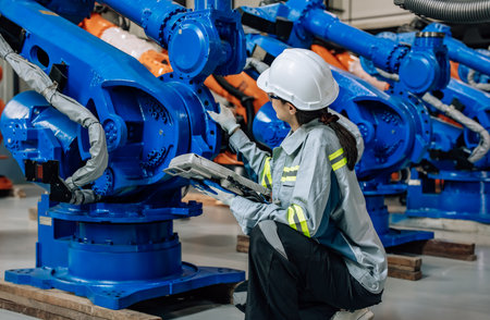Robotic technician uses control panel to operate, maintain robotic arm in factory. Ensuring productivity, efficiency, and safety through monitoring, analyzing database, and integrating processes.の写真素材