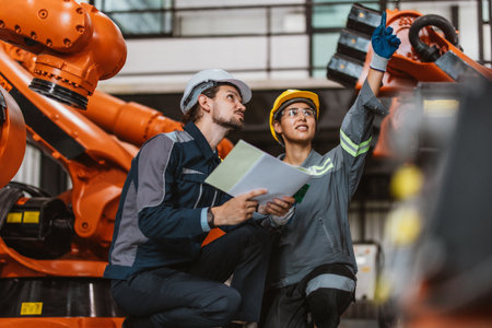 ndustrial robotic technicians virtually inspect, assess reliability of printed circuit assembly boards in robotic arm. Identifying errors, impaired, wear then record and report issues to supervisorsの写真素材