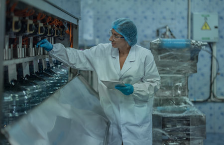 A quality assurance specialist in water production examines and records information about conveyor operations to ensure proper timing and uninterrupted flow throughout the manufacturing process.の写真素材