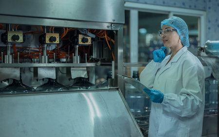 A quality assurance specialist in water production examines and records information about conveyor operations to ensure proper timing and uninterrupted flow throughout the manufacturing process.の写真素材