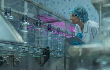 A quality assurance specialist in water production examines and records information about conveyor operations to ensure proper timing and uninterrupted flow throughout the manufacturing process.の写真素材