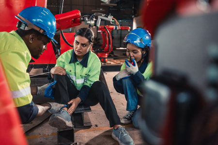 A female robotics technician suffered serious leg injury on the job at the factory. Urgent first aid and assistance from coworkers is essential. Expressions of pain on face convey emotional response.の写真素材
