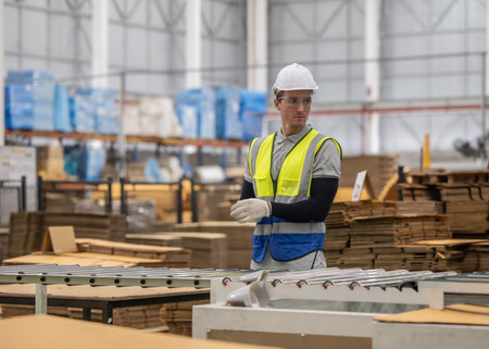 Cardboard technician is required to wear gloves to ensure efficient operation. For both preventative, corrective maintenance on production systems, compliance with health and safety program is neededの写真素材