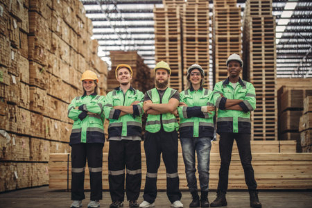 Shot of Wood Turners team building to measure, calculate right size of workpiece using hand and power tools. Cut, shape, rotate, smooth, balance wood fixtures based on requirements. Celebrate job doneの写真素材