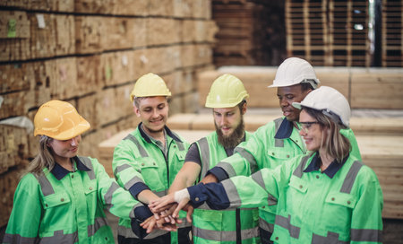 Shot of Wood Turners team building to measure, calculate right size of workpiece using hand and power tools. Cut, shape, rotate, smooth, balance wood fixtures based on requirements. Celebrate job doneの写真素材