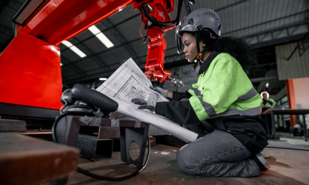 A mechanical engineer investigates the integration of silicon wafers onto printed circuit boards (PCBs) to optimize electrical signal communication, performance, energy efficiency of factory robot armの写真素材