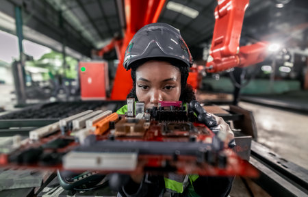 A mechanical engineer investigates the integration of silicon wafers onto printed circuit boards (PCBs) to optimize electrical signal communication, performance, energy efficiency of factory robot armの写真素材