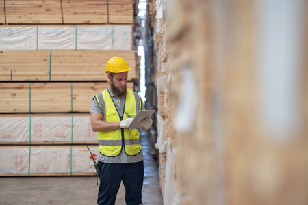 Logistics workers in wooded pallets warehouse using technological tools to manage flow of goods, including software, barcode scanners, notes to accurately label, verify products in factory storehouseの写真素材