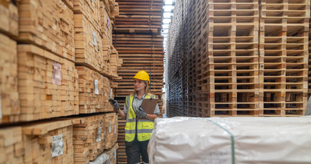 Logistics workers in wooded pallets warehouse using technological tools to manage flow of goods,...