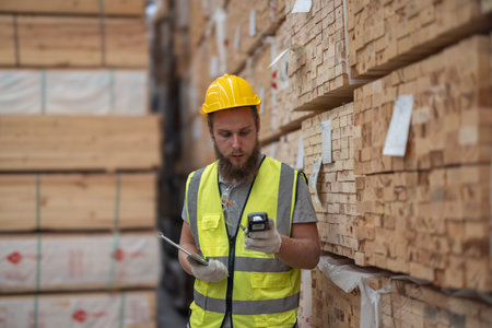 Logistics workers in wooded pallets warehouse using technological tools to manage flow of goods, including software, barcode scanners, notes to accurately label, verify products in factory storehouseの写真素材