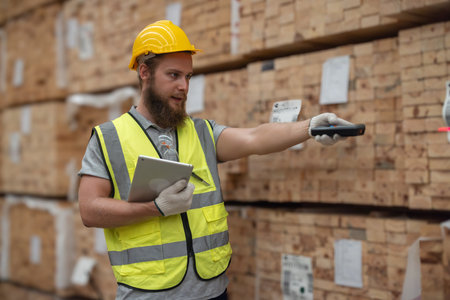 Logistics workers in wooded pallets warehouse using technological tools to manage flow of goods, including software, barcode scanners, notes to accurately label, verify products in factory storehouseの写真素材