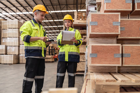 Logistics workers in wooded pallets warehouse using technological tools to manage flow of goods, including software, barcode scanners, notes to accurately label, verify products in factory storehouseの写真素材