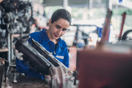 Car service technicians expertly inspect, assess engine parts in storage. Carefully selecting quality gears and instruments for precise repairs, modify, assembly. Assuring optimal vehicle performanceの写真素材