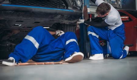 Car service technicians inspect, analyze, diagnose suspension system issues in garage with precise tools. Detect, troubleshoot, repair problems. Ensuring optimal vehicle performance and safety.の写真素材