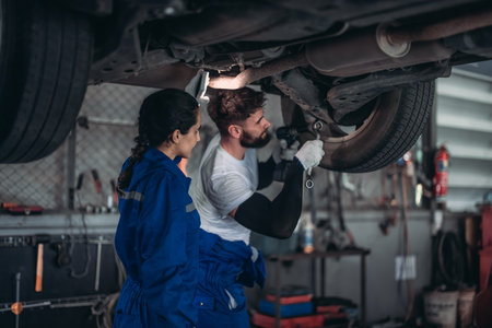 Car service technicians inspect, analyze, diagnose suspension system issues in garage with precise tools. Detect, troubleshoot, repair problems. Ensuring optimal vehicle performance and safety.の写真素材