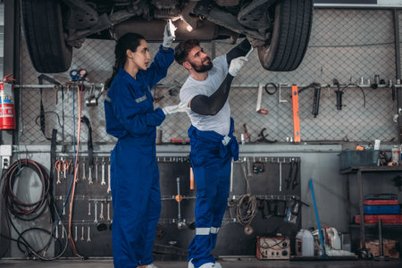 Car service technicians inspect, analyze, diagnose suspension system issues in garage with precise tools. Detect, troubleshoot, repair problems. Ensuring optimal vehicle performance and safety.の写真素材