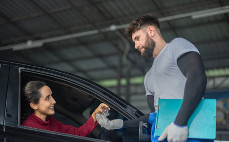 Car service technician inspect, evaluate, inform consumers about complex mechanical problems. Creating action plans, work schedules. Offering customized solutions and quotes depending on requirementsの写真素材