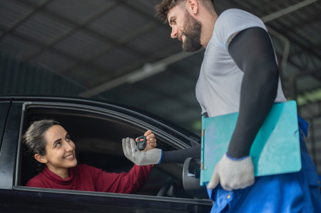 Car service technician inspect, evaluate, inform consumers about complex mechanical problems. Creating action plans, work schedules. Offering customized solutions and quotes depending on requirementsの写真素材