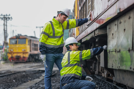 Locomotive engineering technicians maintain emission control on train railways, identifying oil and fuel leaks and inspecting, testing, and repairing malfunctioning engines for optimal efficiency.の写真素材