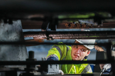 Locomotive engineering technicians maintain emission control on train railways, identifying oil and...