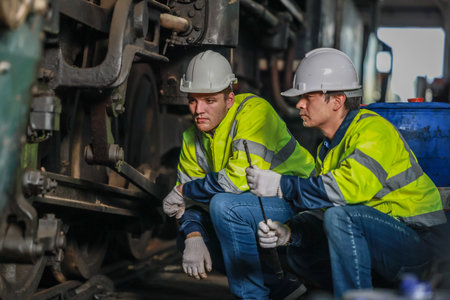 Locomotive engineering technicians maintain emission control on train railways, identifying oil and fuel leaks and inspecting, testing, and repairing malfunctioning engines for optimal efficiency.の写真素材