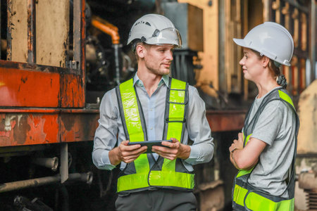 Software engineers collaborate, discuss ways to enhance a smart energy analytics app for locomotive operation. Real-time monitoring optimizes data usage and analyzes efficient consumption insights.の写真素材