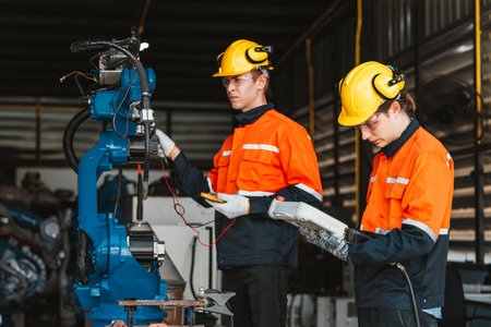 Two technician are performing an electrical safety evaluation on an industrial robot as part of routine quality control and maintenance procedures.の写真素材