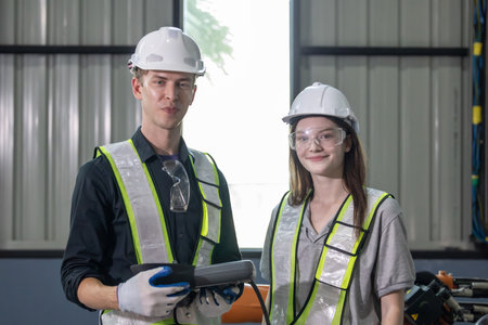 Senior engineer provides guidance to a trainee amidst robotic arms in a high-tech warehouse factory...